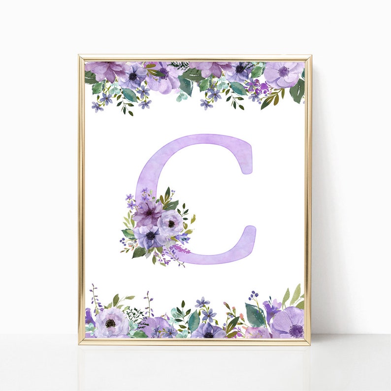 May include: A printable wall art design featuring the letter C in a light purple color with a watercolor effect. The letter is surrounded by a floral border of purple and white flowers with green leaves.