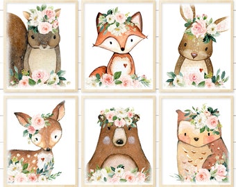 DIGITAL Set of 6 Woodland Animal Prints Baby Girl Nursery | Etsy