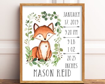 DIGITAL FILE - Birth Stats Wall Art Printable. Personalized Baby Gift. Gift For Baby. Boy Christening Gift. Boy Woodland Birth Announcement