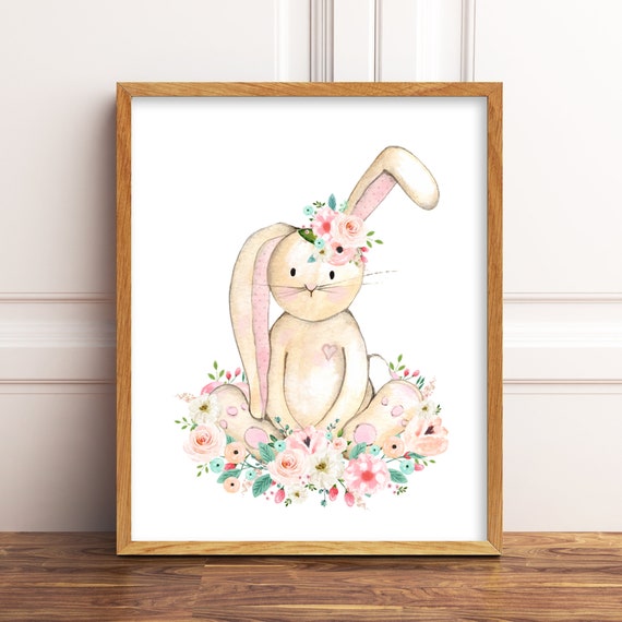 Floral Bunny Printable Nursery Art. Pink Peach Mint Nursery Art. Cute Bunny Art. Pink Watercolor Rabbit Print. Watercolor Nursery Art Girl