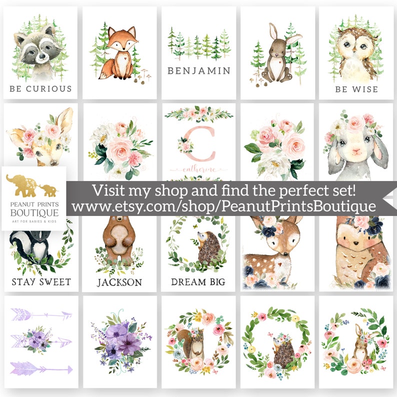 May include: A set of 16 watercolor nursery prints featuring woodland animals, floral wreaths, and inspirational quotes. The prints include a raccoon, fox, bunny, owl, deer, bear, hedgehog, and squirrel. The quotes include "Be Curious", "Be Wise", "Stay Sweet", "Jackson", "Dream Big", and "Catherine".