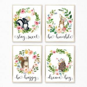 Set of 4 Printable Floral Watercolor Woodland Animal Nursery Prints. Nursery Wall Art. Skunk. Rabbit. Squirrel. Hedgehog Nursery Art Prints