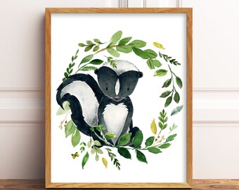 Printable Skunk Nursery Art. Skunk Print. Skunk Printable. Greenery Skunk. Skunk Art. Skunk Decor. Watercolor Skunk. Baby Skunk Print Art