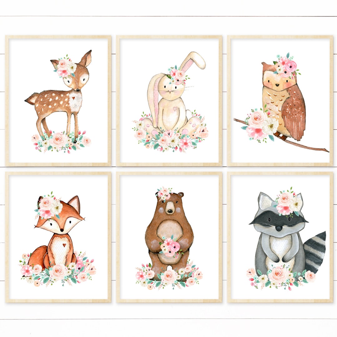 Woodland Nursery Printable Art Set of 6. Pink and Teal Floral Nursery ...