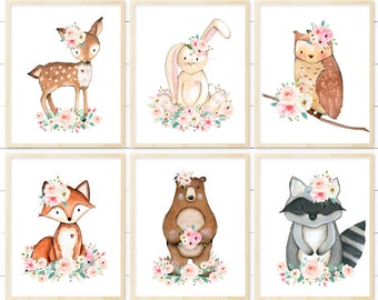 Woodland Nursery Printable Art Set of 6. Pink and Teal Floral Nursery Decor. Floral Woodland Nursery Decor. Nursery Prints. Nursery Wall Art