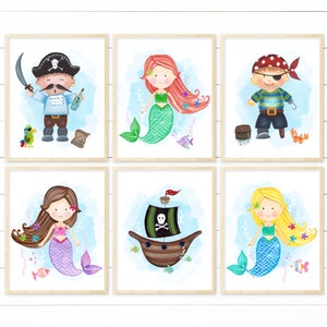 Pirates and Mermaids Nursery Art Printable- Set of 6 Digital Files. Children&#39;s Bathroom Decor. Boy Girl Shared Room Prints. Kids Bathroom