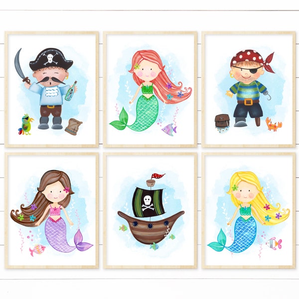 Pirates and Mermaids Nursery Art Printable- Set of 6 Digital Files. Children's Bathroom Decor. Boy Girl Shared Room Prints. Kids Bathroom