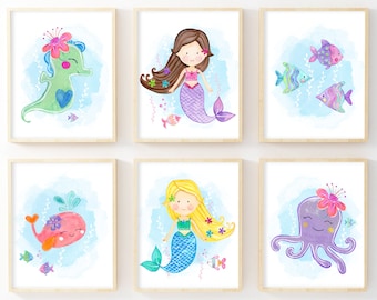 Printable Watercolor Mermaid Prints - Set of 6. Mermaid Nursery. Mermaid Decor. Kids Bathroom Decor. Ocean Nursery. Kids Ocean Bathroom Art.