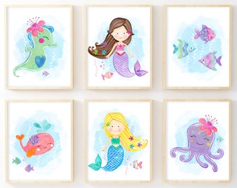 Printable Watercolor Mermaid Prints - Set of 6. Mermaid Nursery. Mermaid Decor. Kids Bathroom Decor. Ocean Nursery. Kids Ocean Bathroom Art.