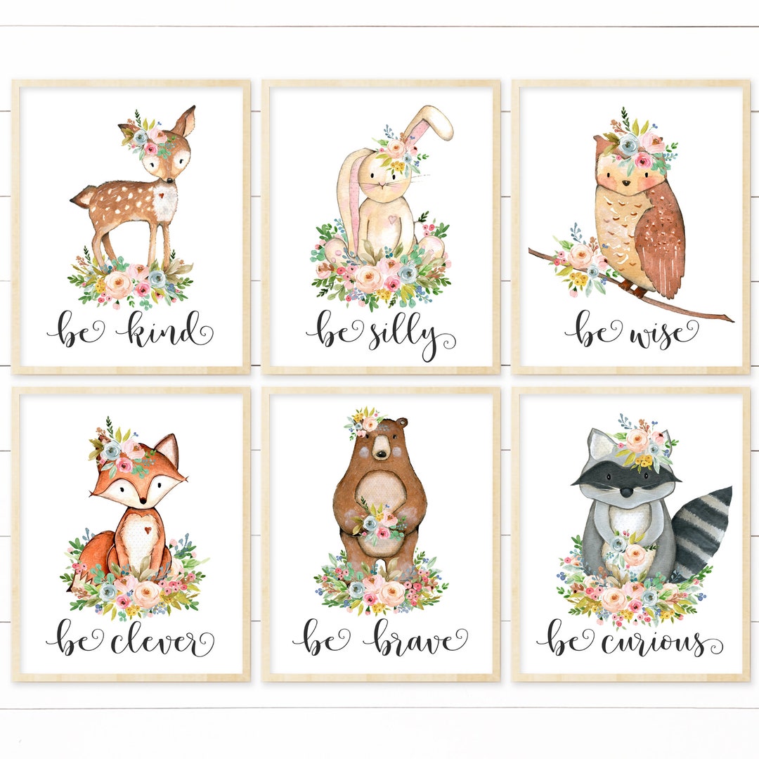 DIGITAL Set of 6 Woodland Animal Prints, Baby Girl Nursery Wall Art ...