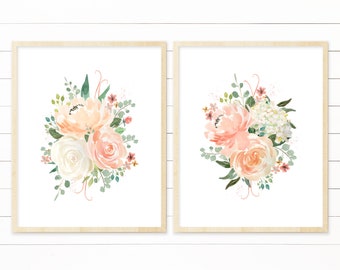 Arte de pared de vivero floral de melocotón imprimible. Ramo Floral Crema y Melocotón. Decoración de vivero de acuarela de melocotón. Vivero de Melocotón. Vivero de flores de durazno