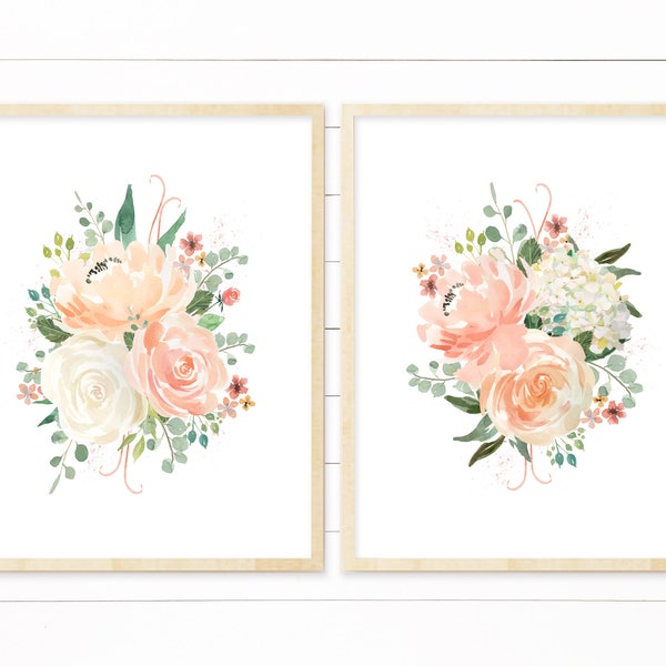 Printable Peach Floral Nursery Wall Art. Cream and Peach Floral Bouquet. Peach Watercolor Nursery Decor. Peach Nursery. Peach Blooms Nursery