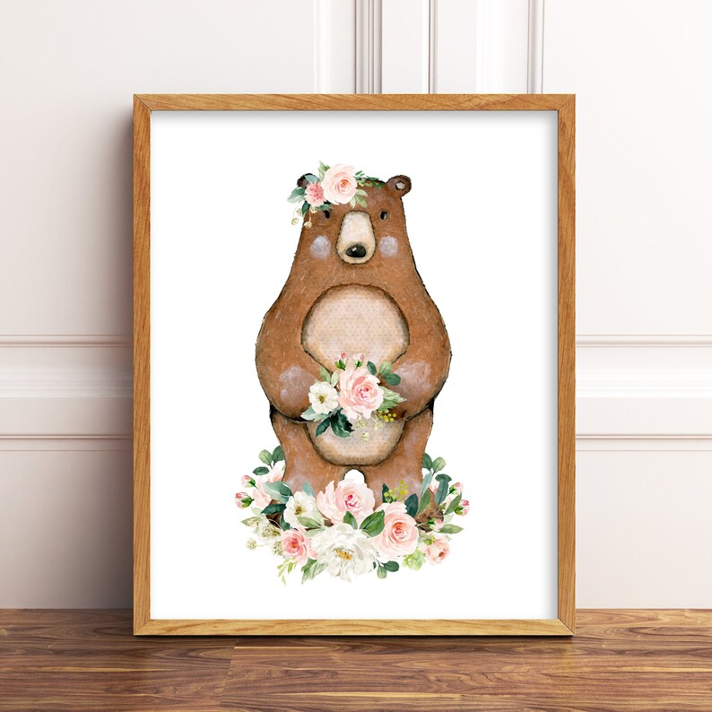 Printable Floral Bear Nursery Art. Girl Bear Nursery Decor. Etsy