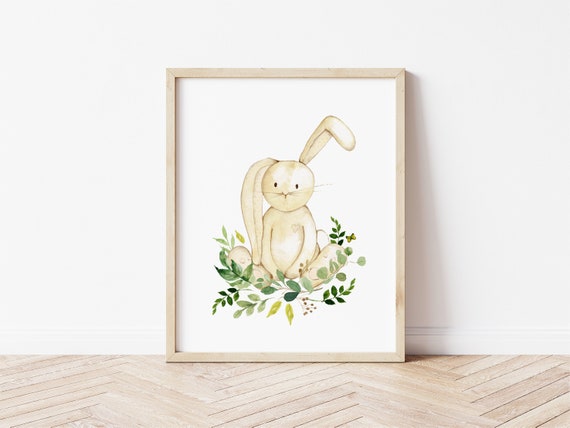 Bunny Rabbit Printable JPEG file. Greenery Nursery Decor. Watercolor Greenery Printable. Simple Nursery Print. Green Leaf Nursery Art.