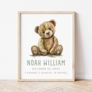 DIGITAL FILE- Birth Stats Wall Art Printable. Personalized Baby Gift. Gift For Baby. Boy Christening Gift. Boy Teddy Bear Birth Announcement