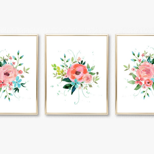 Pink and Teal Nursery Art. Pink and Turquoise Nursery Art. Bright Floral Nursery Art. Girls Decor. Watercolor Floral Art Prints Digital File