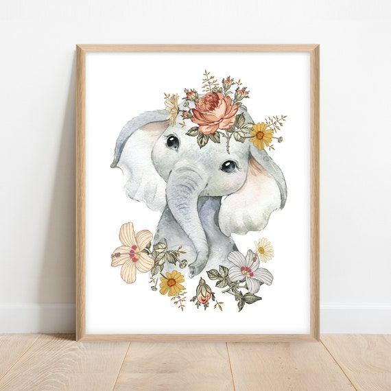 Printable Floral Elephant Nursery Art. Modern Floral Zoo - Etsy