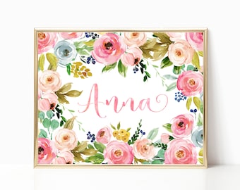 Digital File -Floral Nursery Decor. Baby Girl Gift. Girl Nursery Decor Wall Art. Nursery Name Sign. Baby Name Sign. Personalized Name Print.