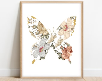 Printable Floral Butterfly Nursery Art. Nursery Wall Decor. Vintage Floral Nursery Wall Art. Boho Floral Nursery Decor. Muted Earthy Nursery