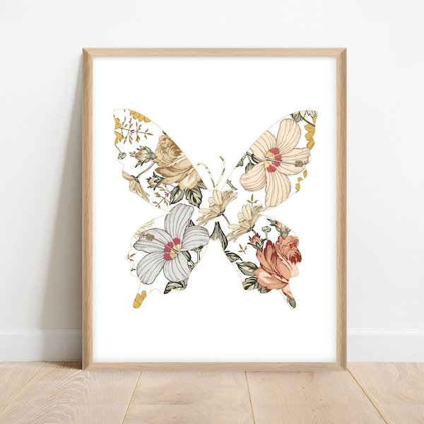 Printable Floral Butterfly Nursery Art. Nursery Wall Decor. Vintage Floral Nursery Wall Art. Boho Floral Nursery Decor. Muted Earthy Nursery