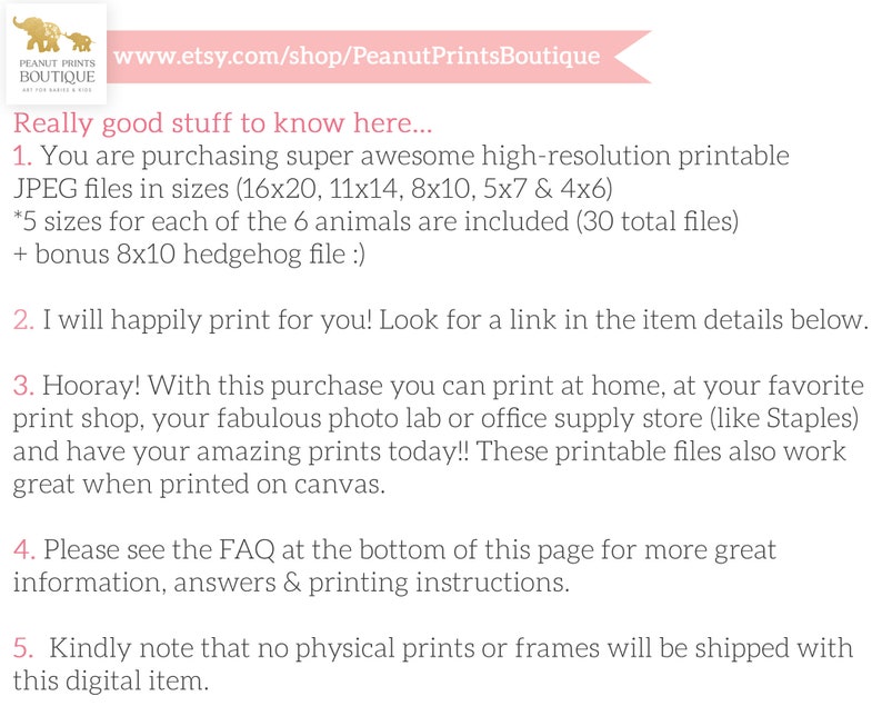 May include: Text on a white background with the title "Really good stuff to know here..." followed by five numbered points. Point 1 describes the purchase of high-resolution printable JPEG files in various sizes. Point 2 states that the seller will happily print the files for the buyer. Point 3 explains that the buyer can print the files at home or at a print shop. Point 4 directs the buyer to the FAQ section for more information. Point 5 states that no physical prints or frames will be shipped with the digital item.