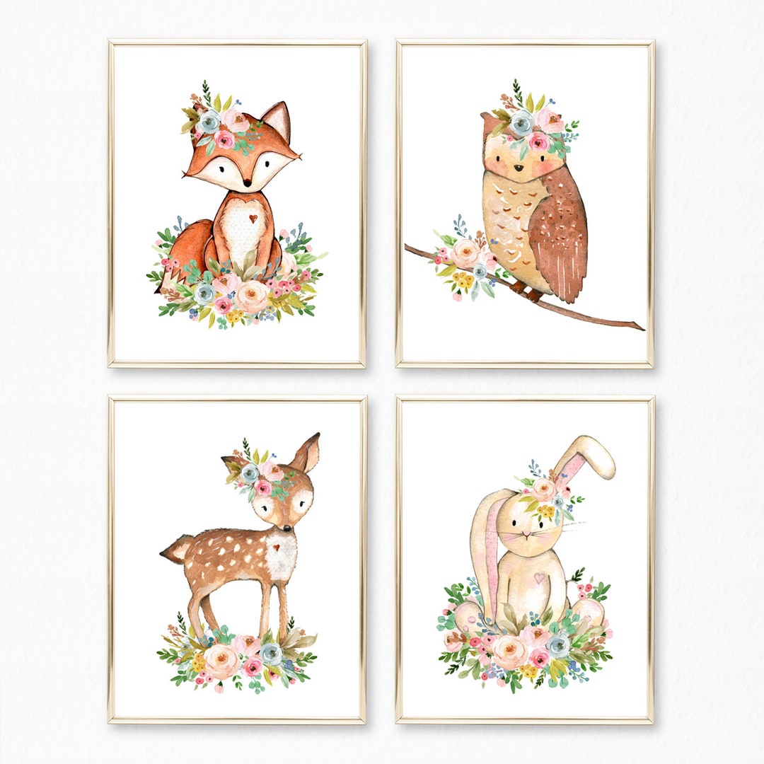 Set of 4 Woodland Animals Prints, Printable Baby Girl Nursery Wall Art ...