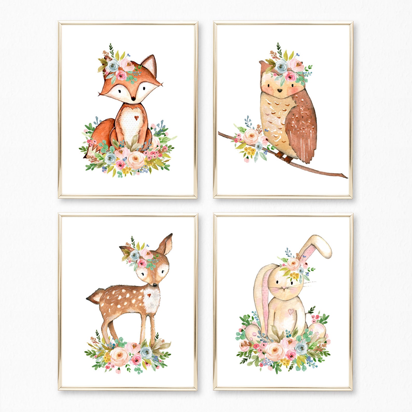 Set of 4 Woodland Animals Prints Printable Baby Girl Nursery | Etsy