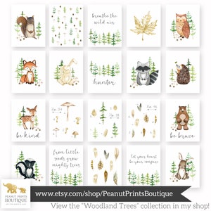 May include: A set of 16 watercolor illustrations featuring woodland animals and trees. The illustrations are in a whimsical style and feature a variety of animals, including a fox, a deer, a squirrel, a raccoon, a hedgehog, a bear, and a rabbit. The illustrations are perfect for adding a touch of nature to any room.