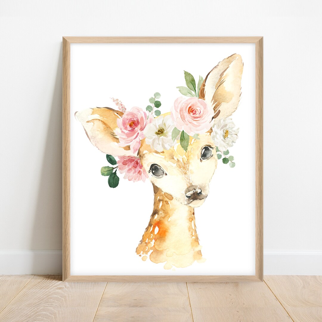 Printable Floral Deer Nursery Art. Woodland Deer Art. Cute Deer Print. Deer Printable Nursery