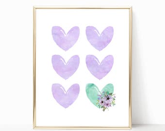 Purple and Teal Watercolor Hearts Nursery Art. Girl Nursery Art. Nursery Wall Art. Lavender Nursery Decor. Lilac Nursery Decor. Purple Aqua
