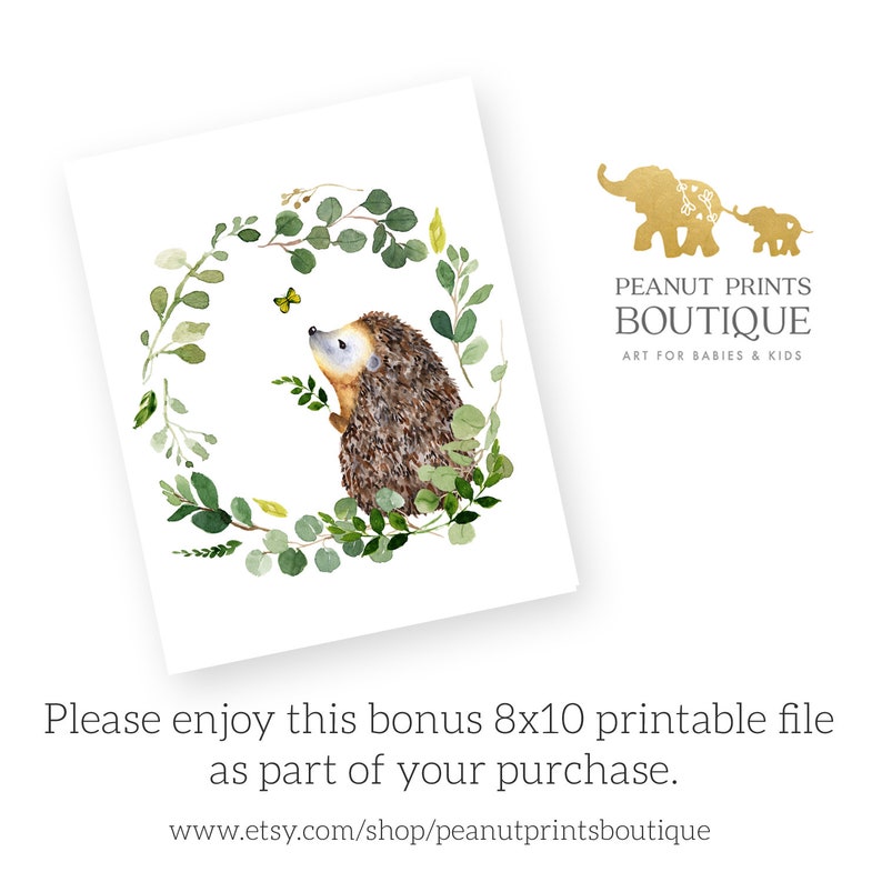 May include: A watercolour illustration of a hedgehog looking up at a butterfly in a wreath of green leaves. The image is on a white background.