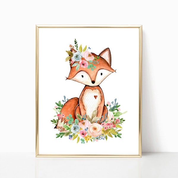 Fox Printable Art. Fox Nursery. Fox Nursery Decor. Floral Fox Nursery Art. Fox First Birthday. Girl Woodland Nursery. Woodland. Baby Girl.