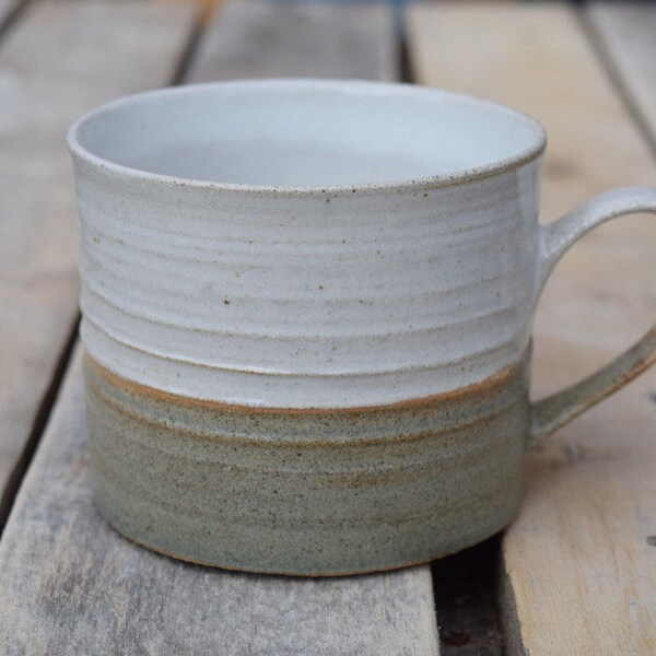 Handmade Ceramic Mug in Glossy White Glaze with Green Stripe