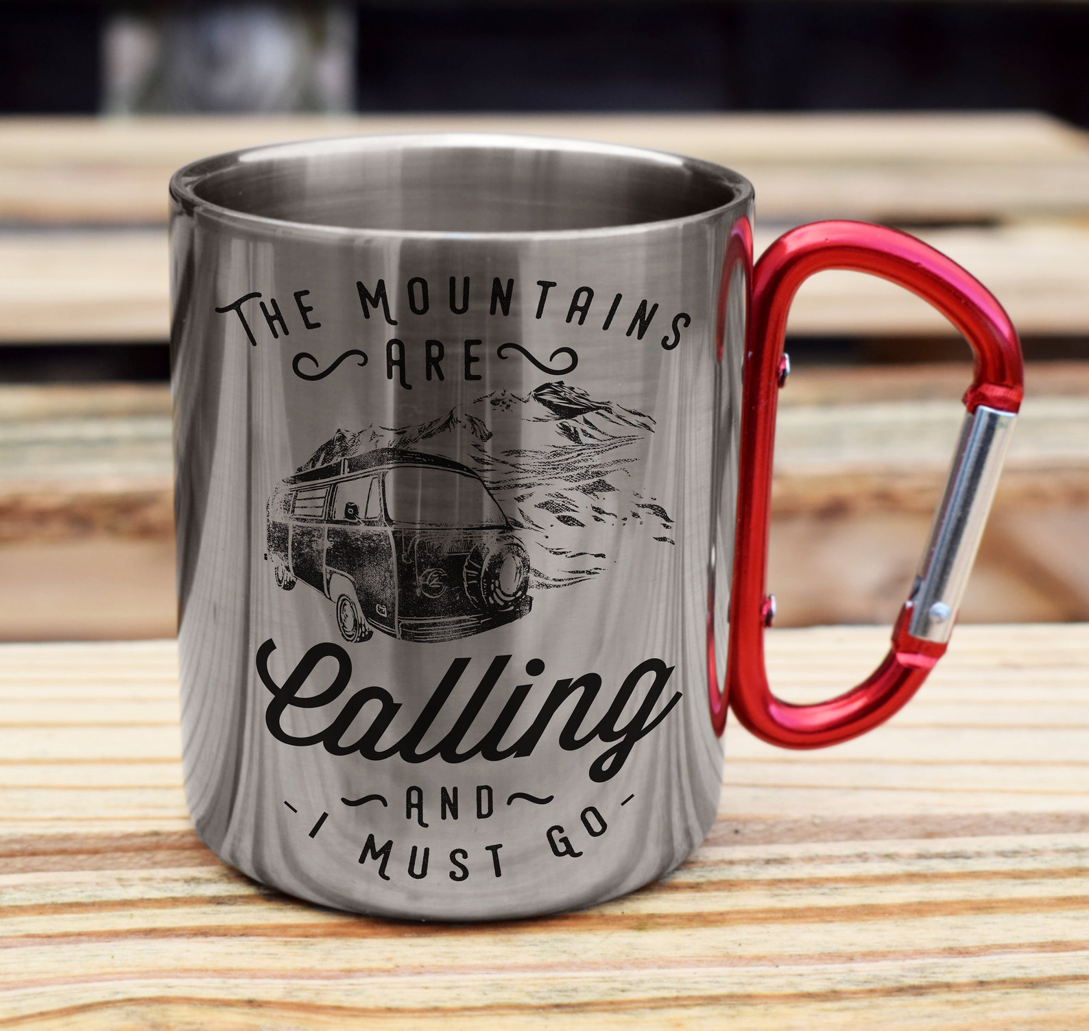 mountains are calling stainless steel carabiner mug at etsy