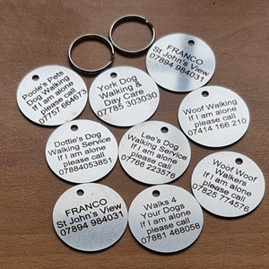 Personalised, engraved pet tags / pet ID discs / ID discs / ID tags, for cats, dogs, kittens and puppies. Engraved to your requirements.