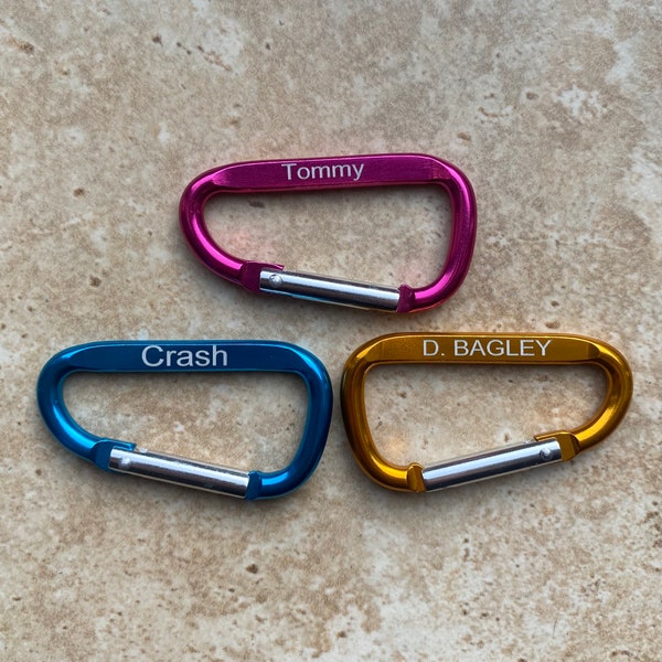 Personalised carabiners - Custom engraved - Medium 2.1/2" long (6.3cm) long and Large 3.1/4" long (8.2cm) long, in a range of colours.