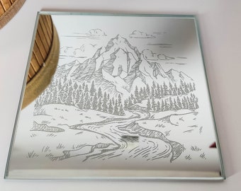Engraved Mirror Wall Decor Mountains | Decorative Mirror for Bathroom | Aesthetic Home Decor | Gift for Mountain Lovers
