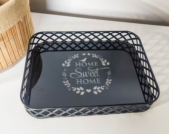 Decorative Tray with Engraving Home Sweet Home | Metal and Glass Home Decor | Decorative Plate Tray