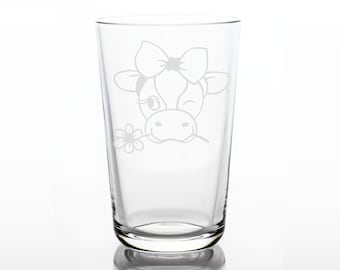 CUSTOM Glassware, Cow Beverage Glass, GLASS ETCHING, Juice Glasses, Personalized Name Cow Print Drinking Glass for Children