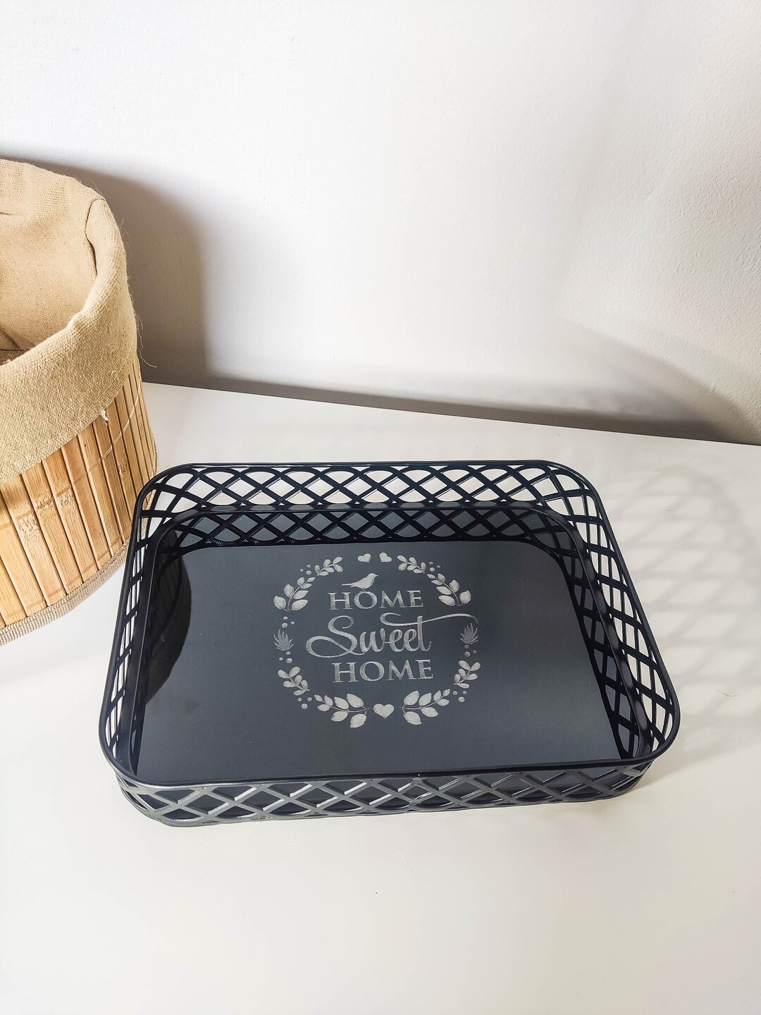 Decorative Tray With Engraving Home Sweet Home Metal and Glass Home