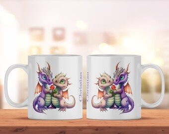 Custom Ceramic Mug for Coffee and Tea Lovers | Cup with Name and Cute Dragon Motif | Personalized Gift Idea