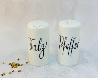 Salt And Pepper Shaker In Kurrentschrift Labeled, Porcelain Salt Shaker, Salt And Pepper