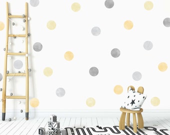 Pack of 40 watercolour polka dot wall stickers, Grey nursery wall stickers, Yellow polka dots wall stickers, Kids room wall decals