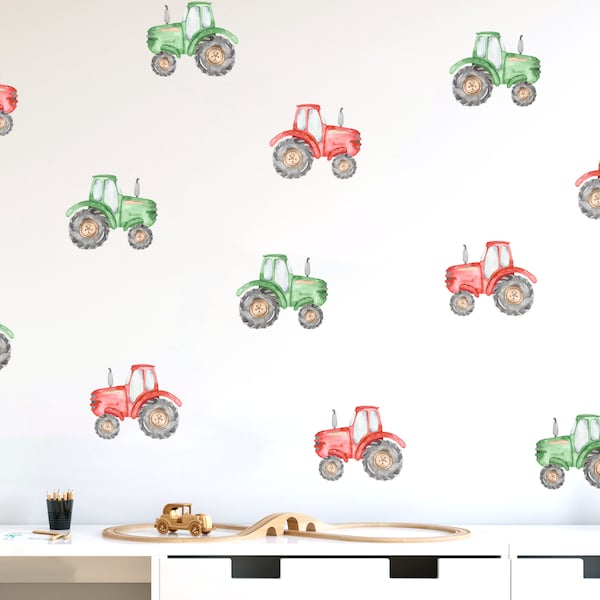 Tractor wall stickers, Watercolour nursery wall decals, Farm tractor playroom decor, Kids room vehicle wall art, Red an Green tractors decor