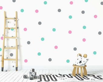 Pack of 45 polka dot wall stickers, 3 inches Green Mint Pink Grey, Kids room decals, Nursery wall stickers, Playroom polka dots decor