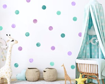Pack of 40 Teal and Purple Watercolour Polka Dot Wall Stickers for Nursery, Playroom and Children's Room