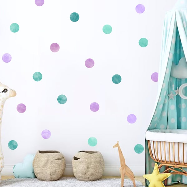 Pack of 40 Teal and Purple Watercolour Polka Dot Wall Stickers for Nursery, Playroom and Children's Room