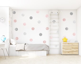 Pack of 39 Grey and Pink watercolour polka dot wall stickers, Nursery wall decals, Removable wall stickers, Kids room wall art stickers