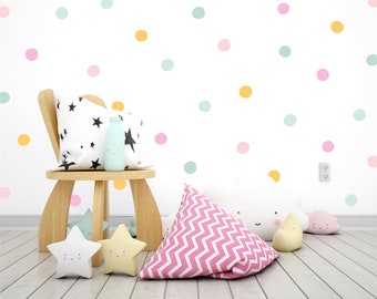 Pack of 90 Colourful Watercolour Polka Dot Wall Decals for Nursery, Wall Stickers for Kids Room, Pastel Polka Dot Stickers, 2 inches, 5 cm