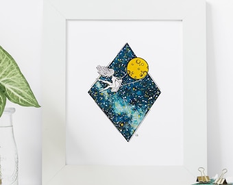 8x10" Art Print Whimsical Moon Goddess, Awakening,Watercolor Painting, MoonOuterSpace Scene, Divine Feminine, Illustration, Cosmos, Universe